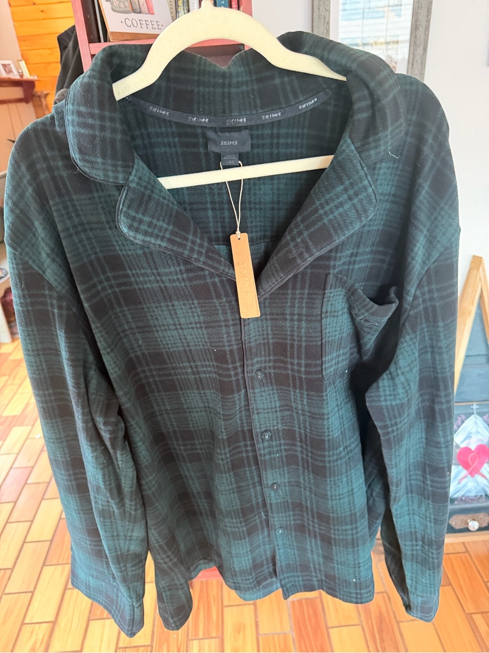 SKIMS Dark Green and Black Plaid Button-Up Pajama Top